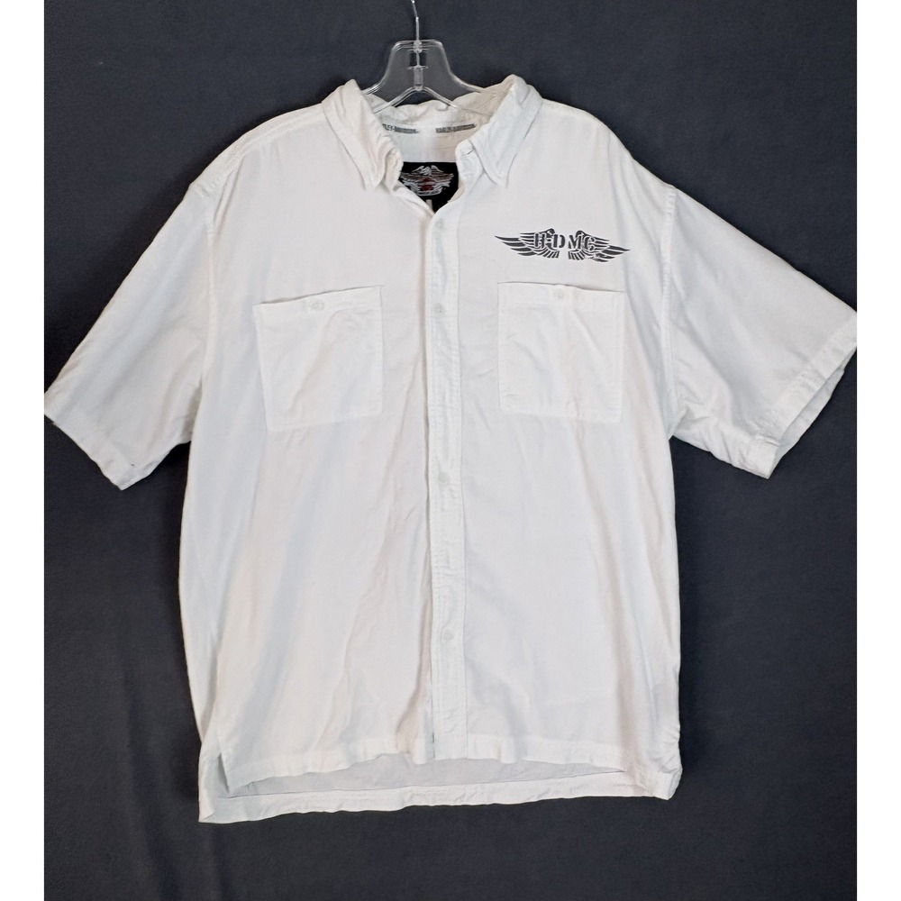 Harley Davidson Shirt Mens L White Short Sleeve Button Down Winged Logo Work
